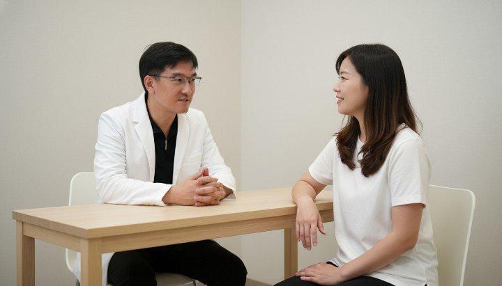 醫師為患者分析面部表情與肉毒劑量 標記臉部施打點位以精算肉毒劑量 專業醫美診所規劃客製化肉毒劑量