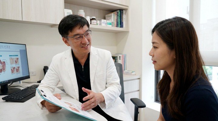 醫師細心評估患者面部肝斑雷射計畫 皮秒儀器針對肝斑雷射進行精準掃描 醫美諮詢室討論肝斑雷射術後護理細節 皮膚檢測儀分析肝斑雷射前的黑色素分布