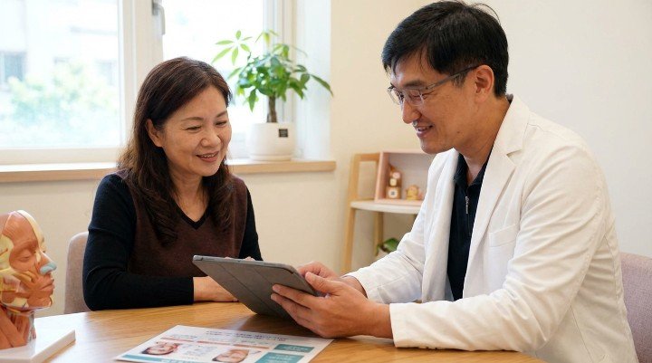 診間專業諮詢PDLLA與玻尿酸安全性 喬雅露PDLLA微球體結構放大示意圖 醫師示範PDLLA複合型注射施作層次 使用PDLLA刺激膠原蛋白生長原理圖