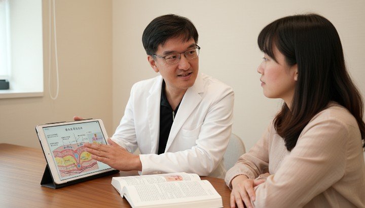 醫師於診間諮詢病患關於皮膚炎症狀的情形 特寫手肘內側出現紅腫癢等皮膚炎症狀表現 對比異位性與接觸性皮膚炎症狀的差異圖表 護理人員說明如何觀察皮膚炎症狀以利就醫