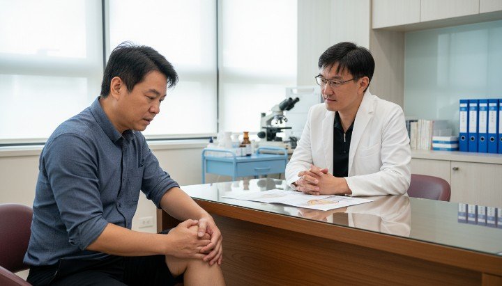 專業醫療團隊正在進行PRP韌帶修復療程 診間醫師說明PRP韌帶修復如何促進組織再生 患者接受PRP韌帶修復治療後的關節復健指導