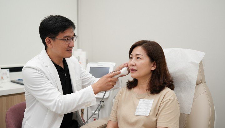 吳紹琥醫師正在為患者解釋鳳凰電波流程中的關鍵步驟。 專業護理師正在為患者進行鳳凰電波療程前的臉部清潔。 鳳凰電波療程中，臉部皮膚上佈滿了精準的定位格紋標記。 患者正在感受鳳凰電波療程中的冷卻與加熱交替刺激。 術後敷面膜進行舒緩，是鳳凰電波流程的重要收尾。