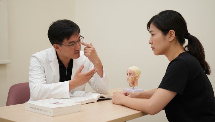 醫師在診間向患者詳細解說如何精準改善淚溝 玻尿酸與精靈針材質對比圖協助改善淚溝選擇 專業醫師示範如何透過針劑注射有效改善淚溝凹陷