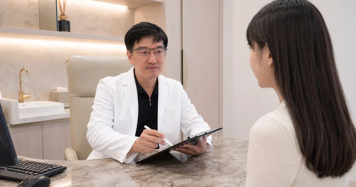 吳芮醫師微笑說明V臉療程分析推薦的年輕化趨勢。